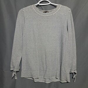 Loft Women's LARGE Long Sleeve Tie Wrist Crew Neck‎ Striped Top  Black White